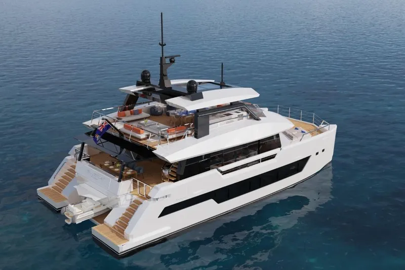  Yacht Photos Pics Luxurious 2026 Silver Yachts SC22M catamaran on serene blue waters, showcasing modern design.