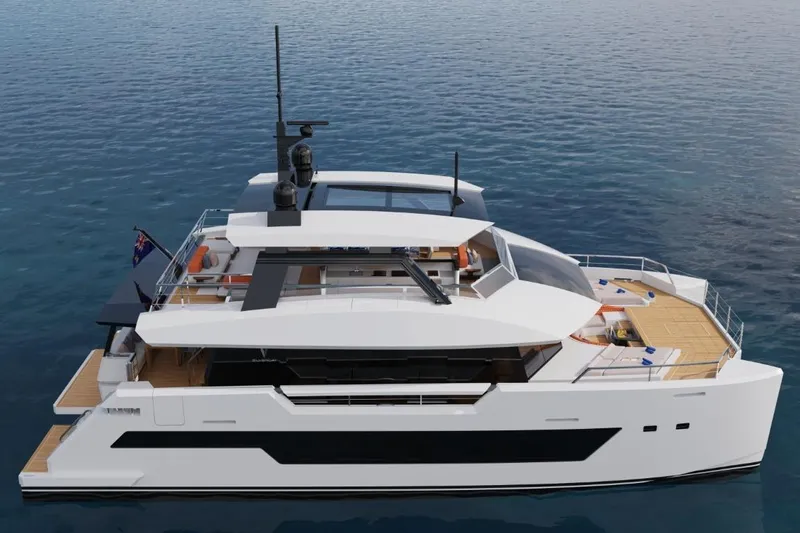  Yacht Photos Pics Luxurious 2026 Silver Yachts SC22M catamaran on serene blue waters.