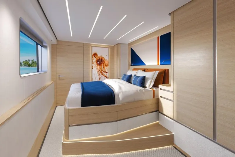  Yacht Photos Pics Luxurious bedroom interior of 2026 Silver Yachts SC22M, featuring modern design and ocean view.