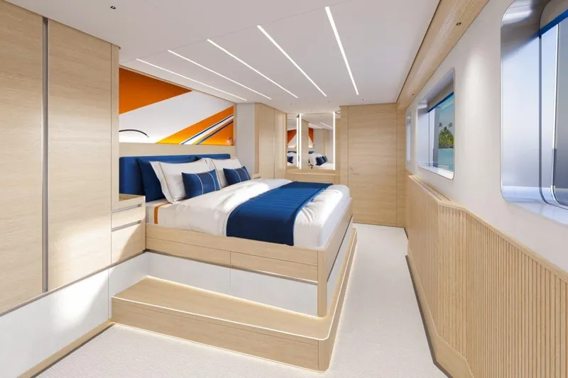  Yacht Photos Pics Luxurious bedroom interior of 2026 Silver Yachts SC22M, featuring modern design and elegant furnishings.