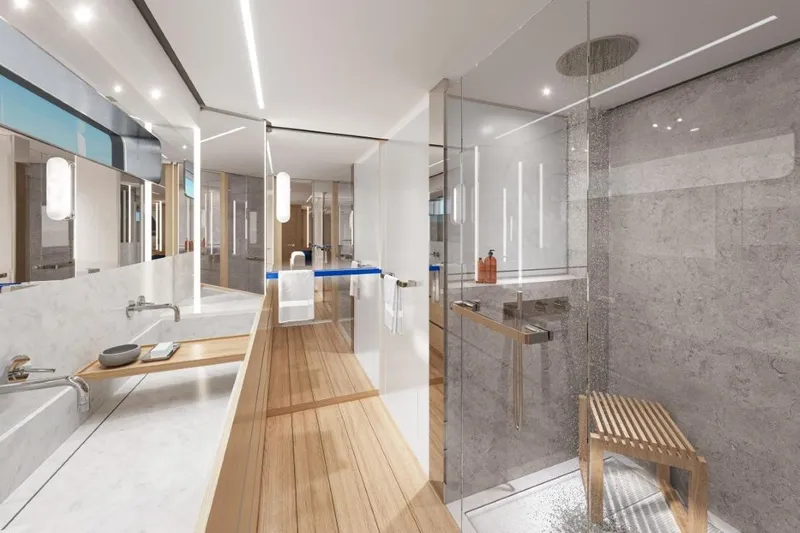  Yacht Photos Pics Luxurious bathroom interior of 2026 Silver Yachts SC22M, featuring modern design and elegant fixtures.
