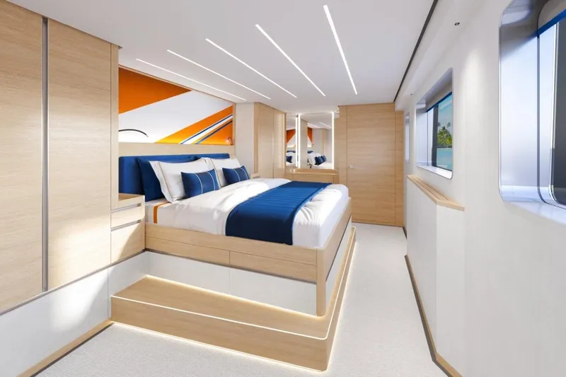  Yacht Photos Pics Luxurious bedroom interior of 2026 Silver Yachts SC22M, featuring modern design and elegant furnishings.
