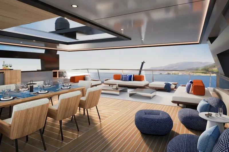  Yacht Photos Pics Luxurious 2026 Silver Yachts SC22M interior with elegant dining and lounge area overlooking the sea.