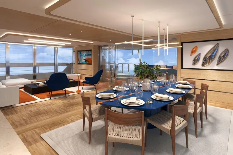  Yacht Photos Pics Luxurious interior of 2026 Silver Yachts SC22M with elegant dining and living areas.