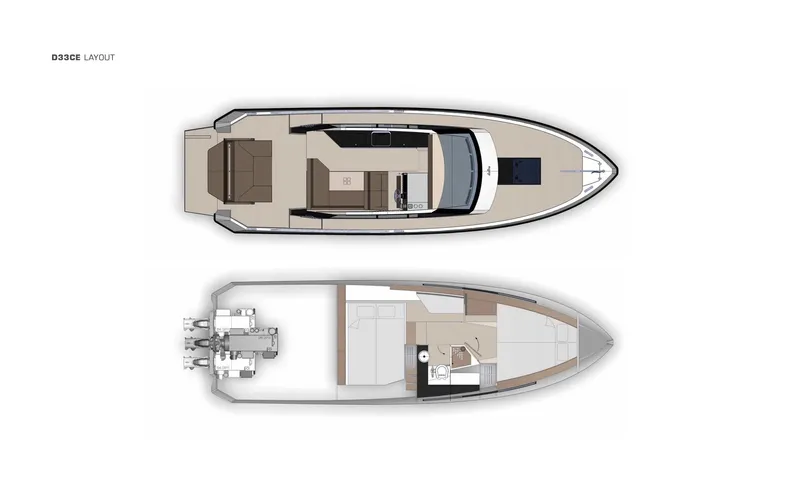  Yacht Photos Pics Top and side view of 2023 Delta Powerboats 33 Coupe layout.
