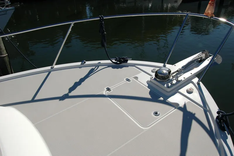Bonnie Blue Yacht Photos Pics 2015 Back Cove 37 boat deck with railing and anchor system.