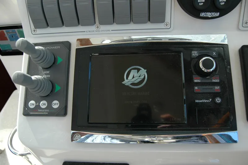 Bonnie Blue Yacht Photos Pics Control panel of a 2015 Back Cove 37 boat with Mercury Marine display.