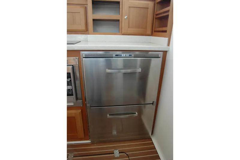 Bonnie Blue Yacht Photos Pics Stainless steel refrigerator in 2015 Back Cove 37 yacht kitchen.