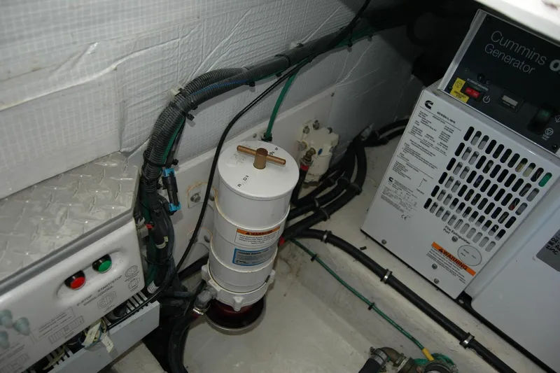 Bonnie Blue Yacht Photos Pics Engine room of 2015 Back Cove 37 with Cummins generator and wiring.