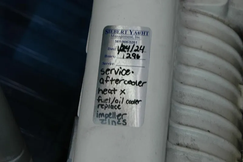 Bonnie Blue Yacht Photos Pics Service label on a 2015 Back Cove 37 yacht engine component.