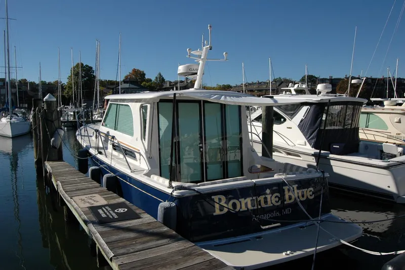 Bonnie Blue Yacht Photos Pics 2015 Back Cove 37 boat docked at marina, named "Bonnie Blue," Annapolis, MD.