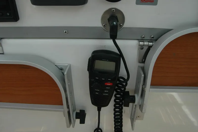 Bonnie Blue Yacht Photos Pics VHF radio mounted on 2015 Back Cove 37 boat dashboard.