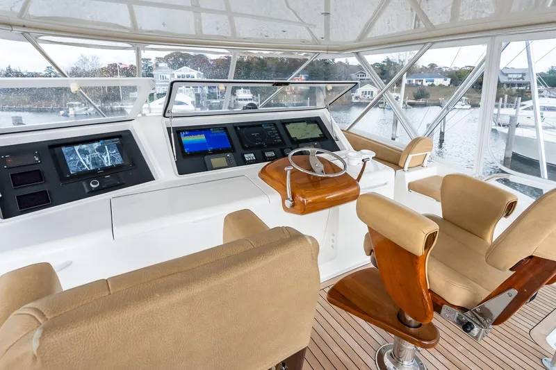 "five Seas" Yacht Photos Pics 2007 Viking 64 Convertible yacht helm with modern navigation equipment and comfortable seating.