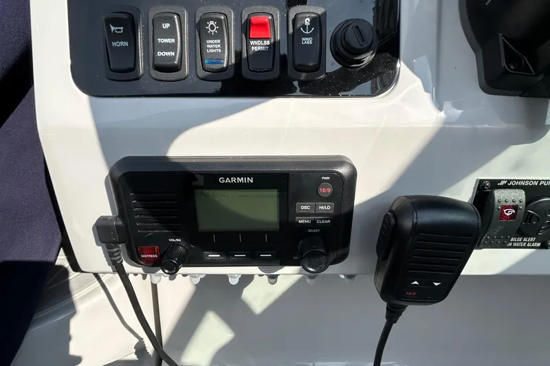  Yacht Photos Pics Control panel of 2024 Regal 26 XO boat with Garmin marine radio.