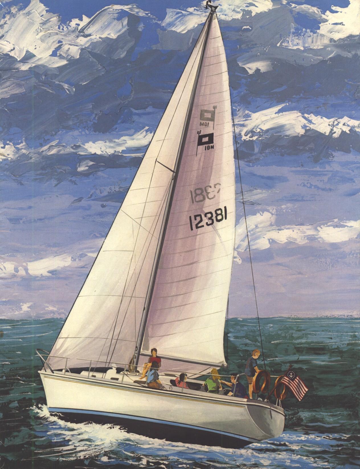 1977 Pearson 10M sailboat on ocean, white sails, blue sky, and American flag.