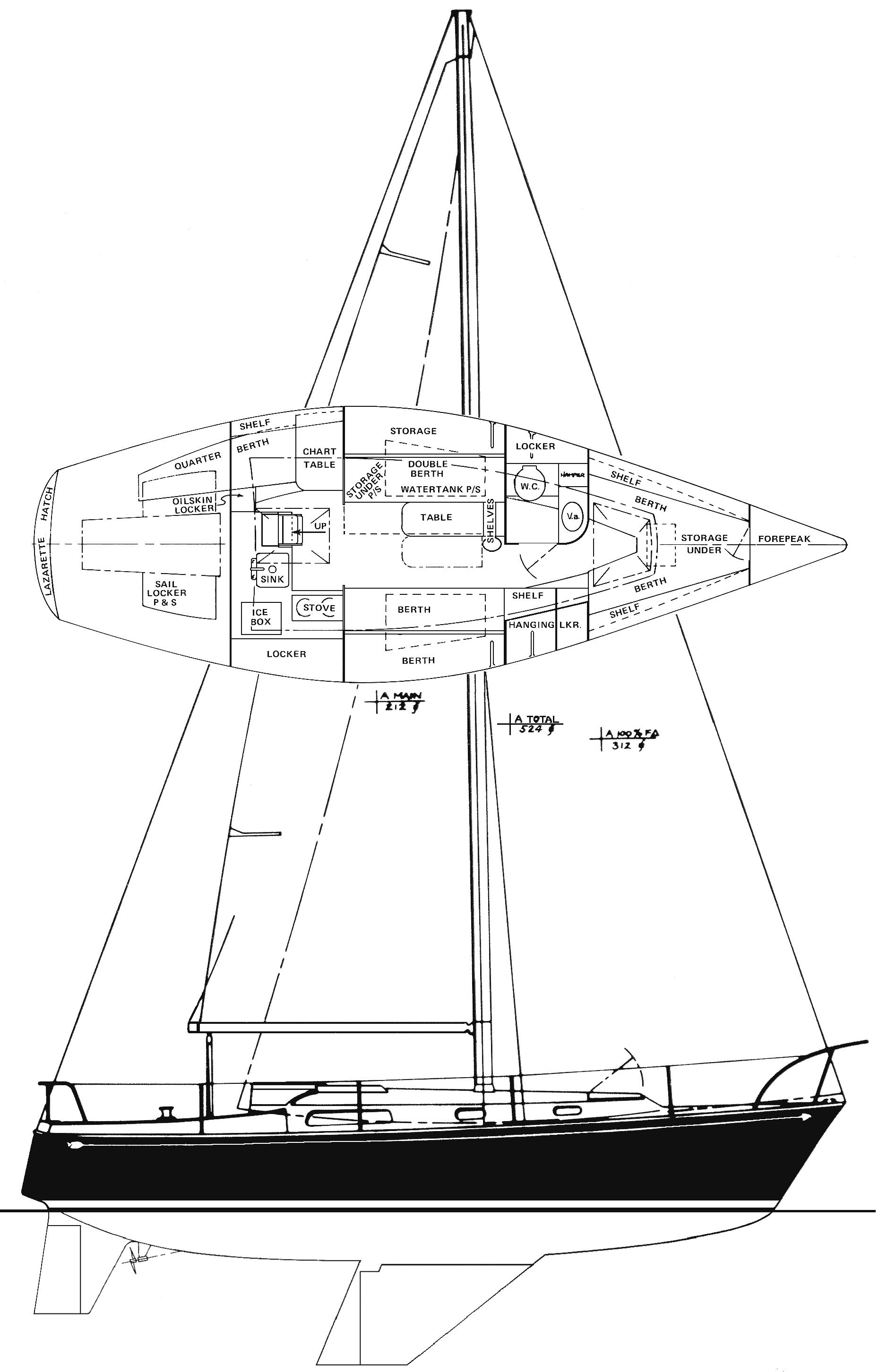 Line drawing of a 1977 Pearson 10M sailboat, showcasing interior layout and side profile.