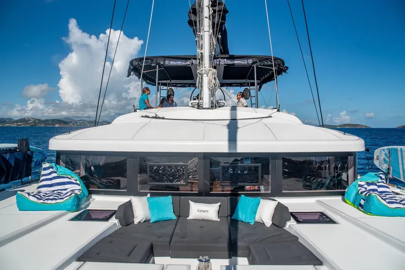 Grace Yacht Photos Pics Luxurious 2020 Lagoon 52 F catamaran with spacious deck and scenic ocean view.