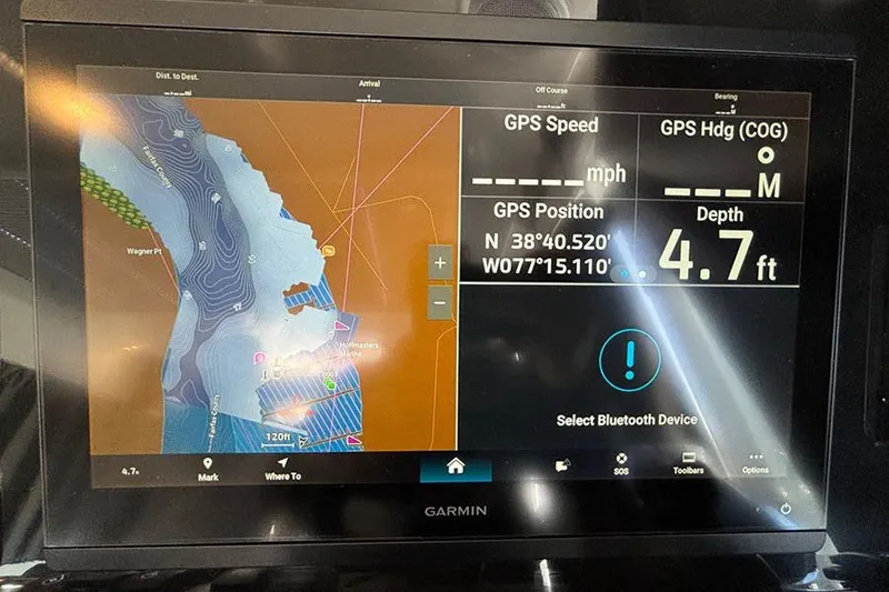  Yacht Photos Pics Garmin navigation display on 2023 Beneteau Antares 11, showing map and depth of 4.7 feet.