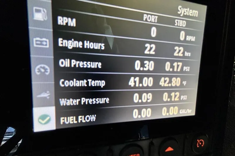  Yacht Photos Pics Display screen of 2023 Beneteau Antares 11 showing engine metrics and system status.