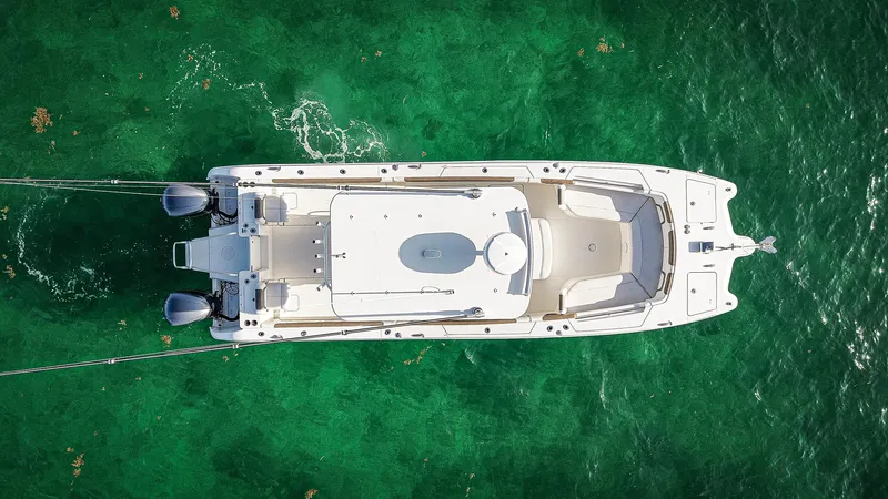 Complete Lunasea Yacht Photos Pics Aerial view of 2018 World Cat 320 CC boat on clear green water.