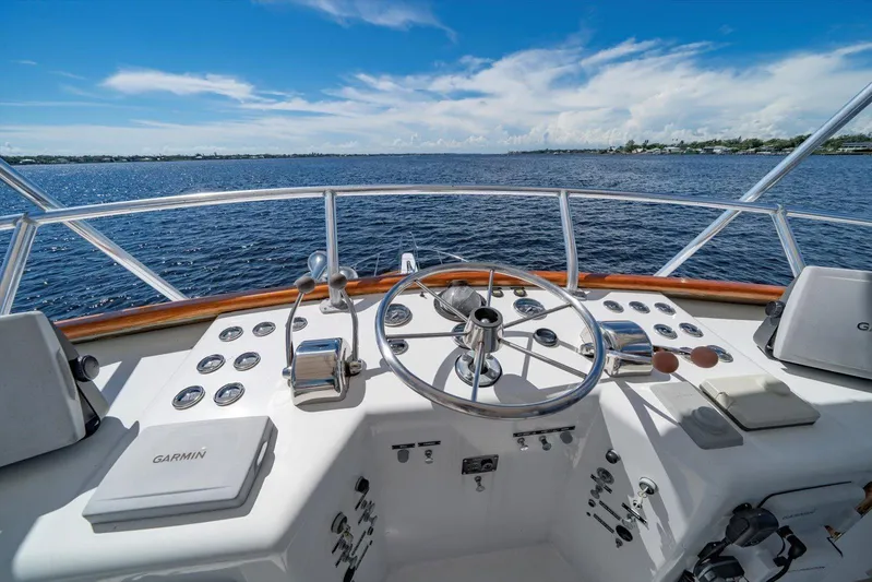  Yacht Photos Pics Helm of 1971 Matthews Voyager boat with steering wheel and navigation instruments.
