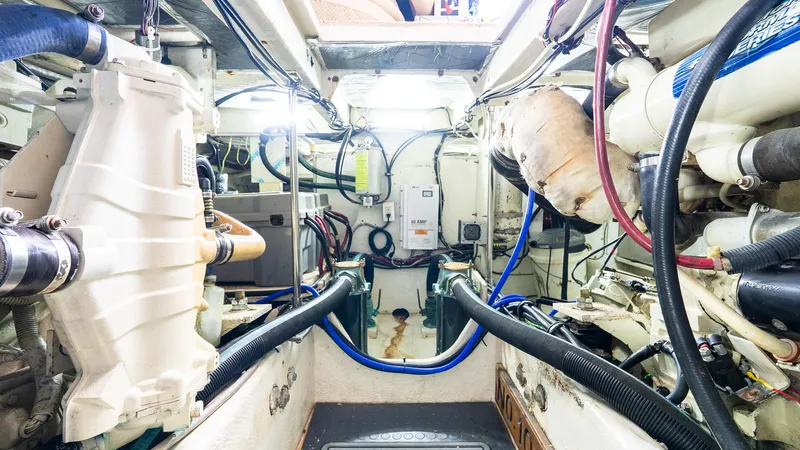 Knot On Call II Yacht Photos Pics Engine room of 2000 Maxum 4600 SCB yacht, showcasing mechanical components and wiring.