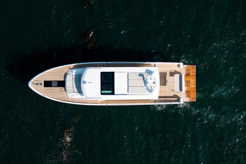  Yacht Photos Pics Overhead view of 2017 Delta Powerboats 54 IPS yacht on open water.