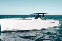2015 Fjord 40 Open yacht cruising on open sea, sleek design, modern luxury vessel.