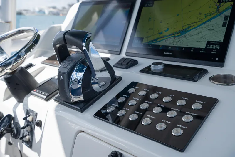 Boss's Therapy Yacht Photos Pics 2007 Intrepid 375 Center Console dashboard with navigation screens and controls.