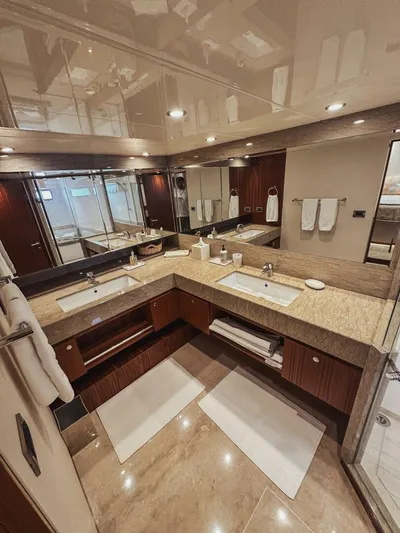 Psyche Yacht Photos Pics Luxurious bathroom in 2015 Ocean Alexander 72 yacht with dual sinks and elegant design.