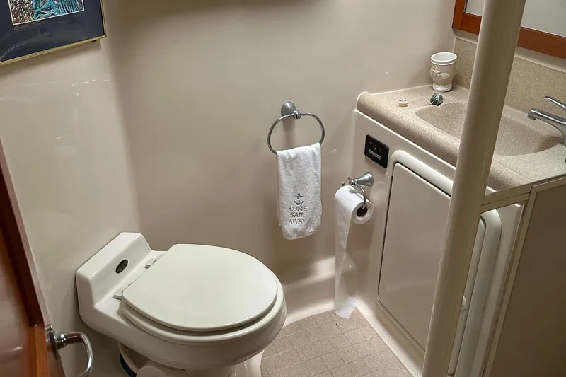  Yacht Photos Pics 1999 Riviera Convertible SF bathroom with toilet, sink, and towel.