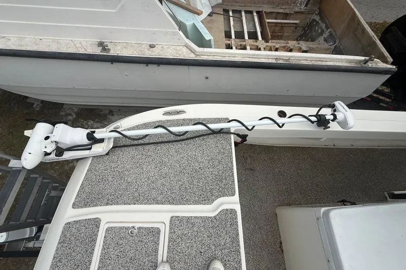  Yacht Photos Pics Overhead view of a 2022 Eastward 30 boat with mounted trolling motor.