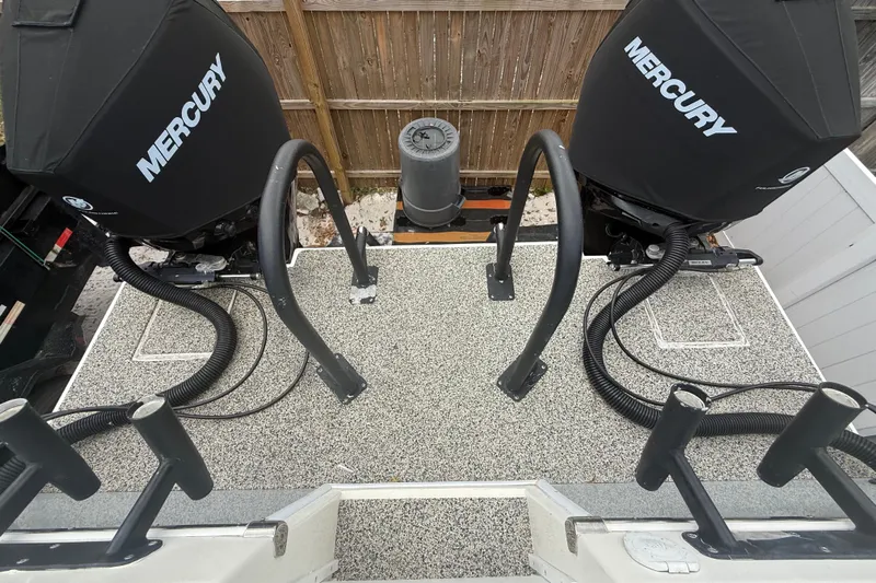  Yacht Photos Pics Twin Mercury engines on a 2022 Eastward 30 boat, viewed from above.