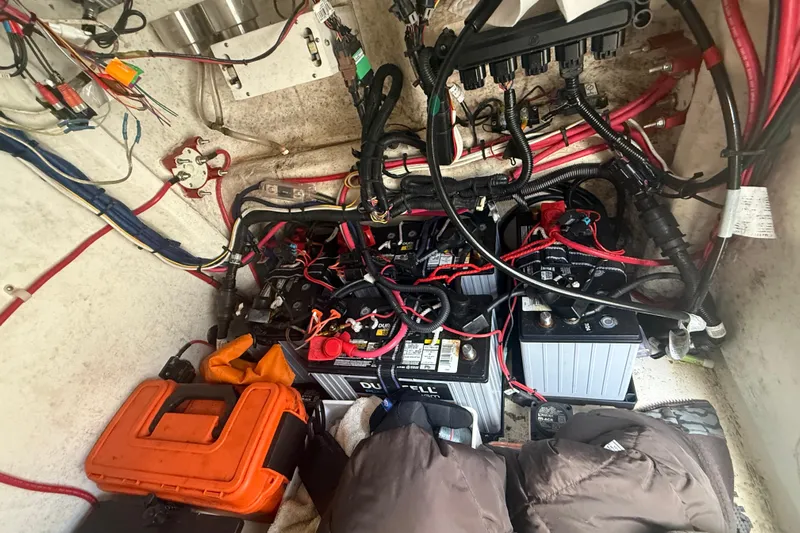  Yacht Photos Pics Electrical system with batteries and wiring in a 2022 Eastward 30 boat.