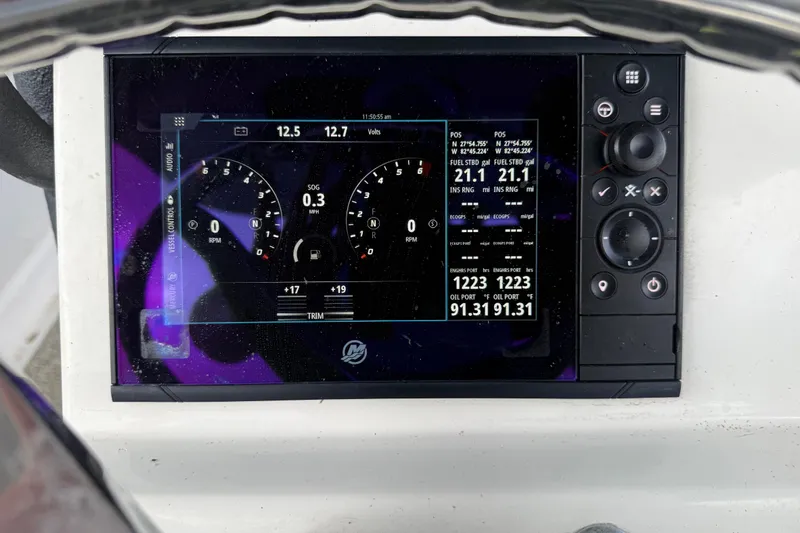  Yacht Photos Pics Eastward 30 boat dashboard display showing navigation and engine data, 2022 model.