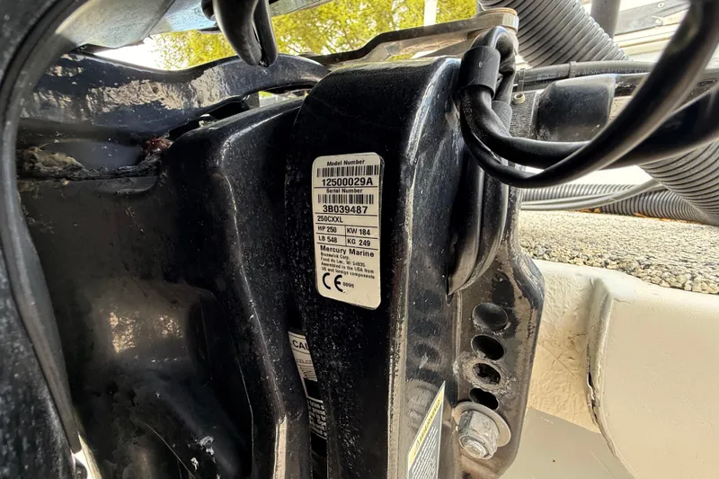  Yacht Photos Pics Close-up of a 2022 Eastward 30 engine label with serial number and specifications.