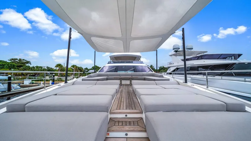 One & Only Yacht Photos Pics Luxurious 2020 Azimut Grande 32 Metri yacht with spacious sun deck and canopy.