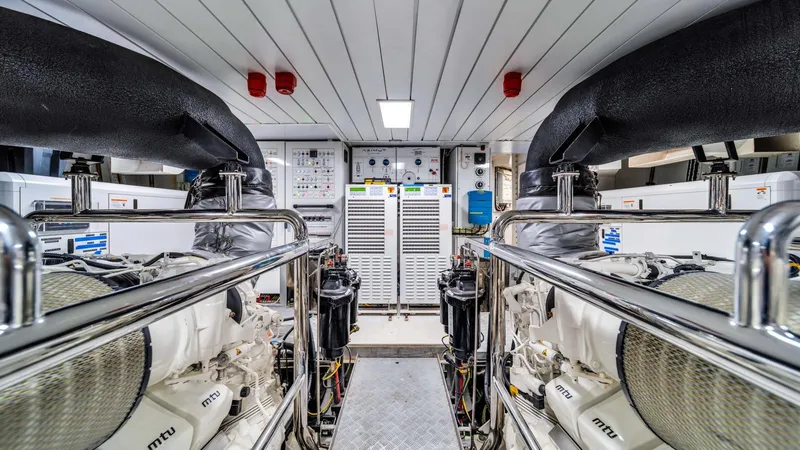One & Only Yacht Photos Pics Engine room of 2020 Azimut Grande 32 Metri yacht, featuring MTU engines and advanced equipment.