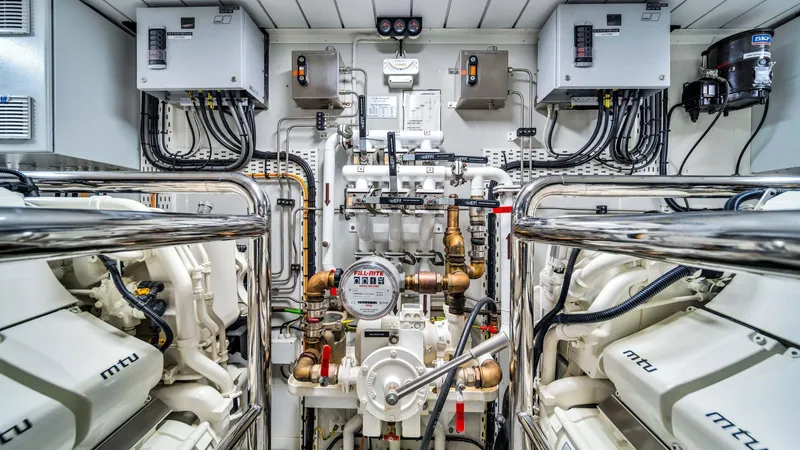 One & Only Yacht Photos Pics Engine room of 2020 Azimut Grande 32 Metri yacht, featuring MTU engines and control systems.
