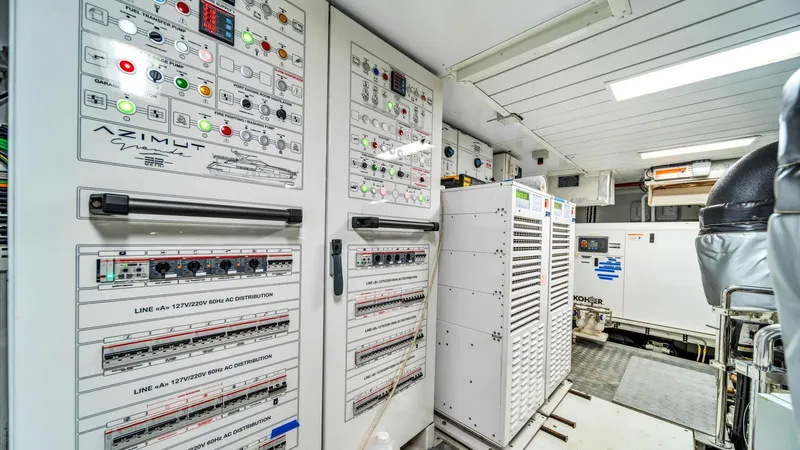 One & Only Yacht Photos Pics Electrical control room of 2020 Azimut Grande 32 Metri yacht, featuring advanced panels and systems.