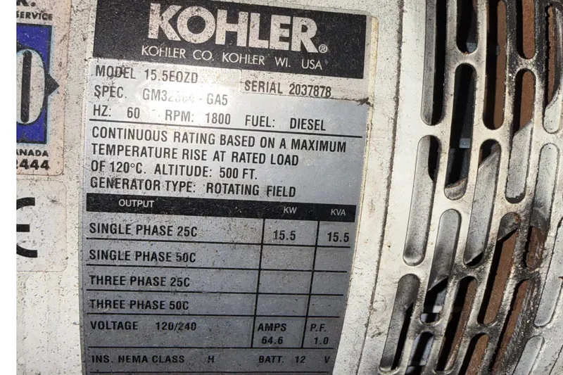  Yacht Photos Pics Kohler generator label with specifications for model 15.5EOZD, diesel fuel, 60 Hz, 1800 RPM.