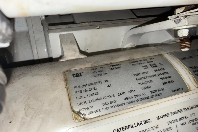  Yacht Photos Pics Engine specifications label on a 2006 Azimut 55E yacht, featuring Caterpillar C12 details.