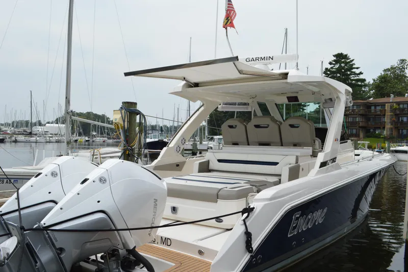 Encore Yacht Photos Pics 2023 Tiara Yachts 34 LS luxury boat docked with twin Mercury engines.