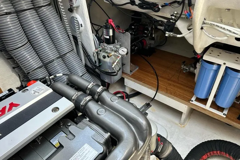  Yacht Photos Pics Engine room of 2021 Lagoon 50 yacht with visible components and wiring.