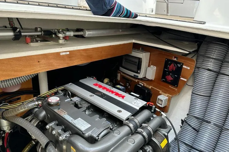 Yacht Photos Pics Engine compartment of a 2021 Lagoon 50 yacht, featuring a Yanmar engine.