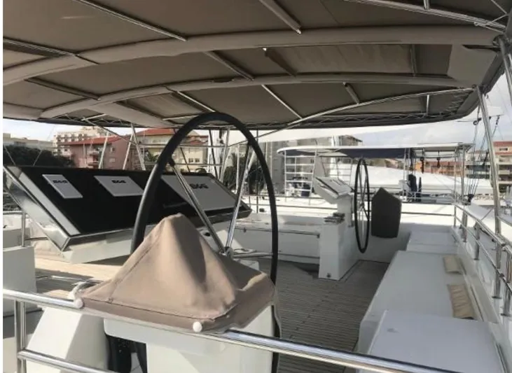 Sunset O Yacht Photos Pics 2019 Lagoon 620 yacht deck with dual steering wheels and shaded seating area.