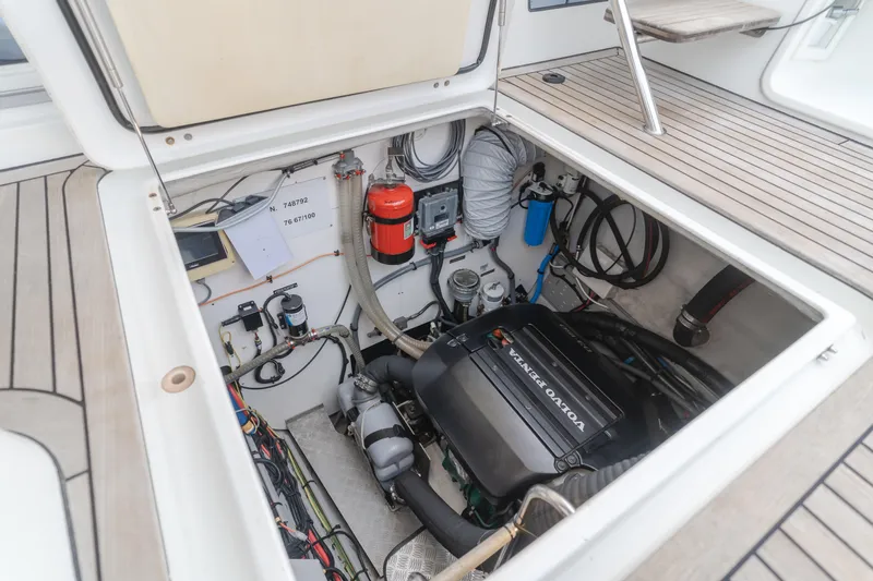 Sunset O Yacht Photos Pics Engine compartment of a 2019 Lagoon 620 yacht, featuring a Volvo Penta engine.