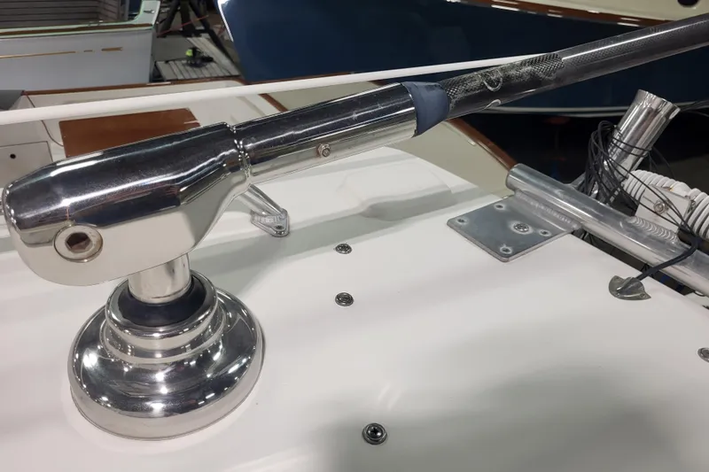  Yacht Photos Pics Close-up of a 2020 Steiger Craft 31 Miami boat's polished metal railing and deck fittings.