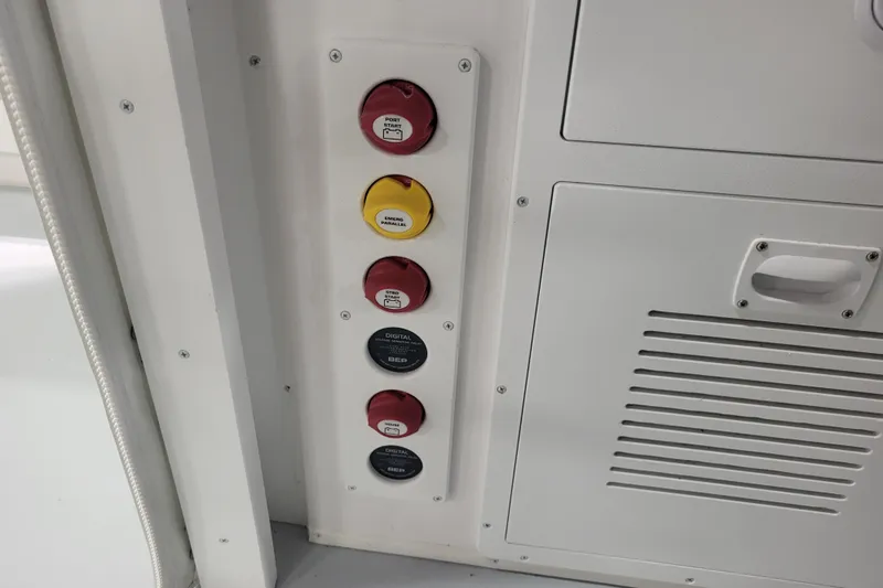  Yacht Photos Pics Control panel on 2020 Steiger Craft 31 Miami boat with labeled switches.