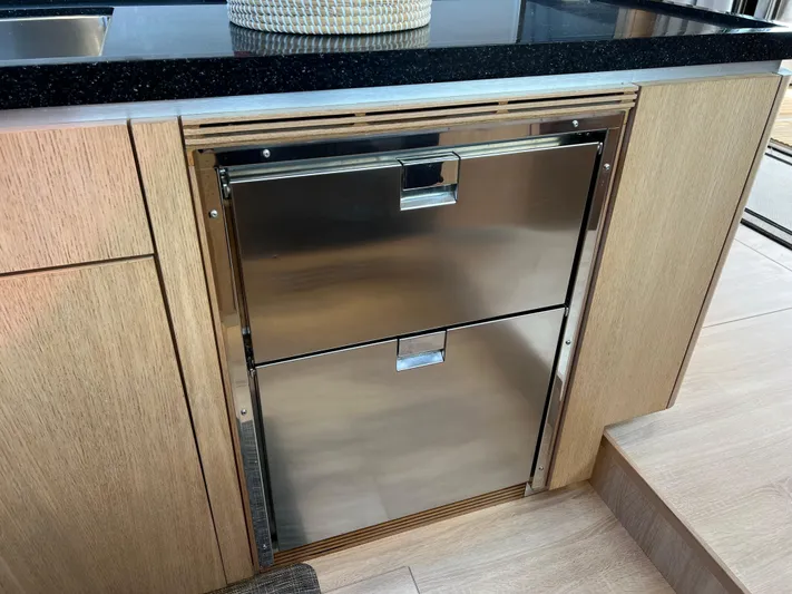 Rogue Yacht Photos Pics Stainless steel drawer in Privilege 510 yacht kitchen, 2021 model.
